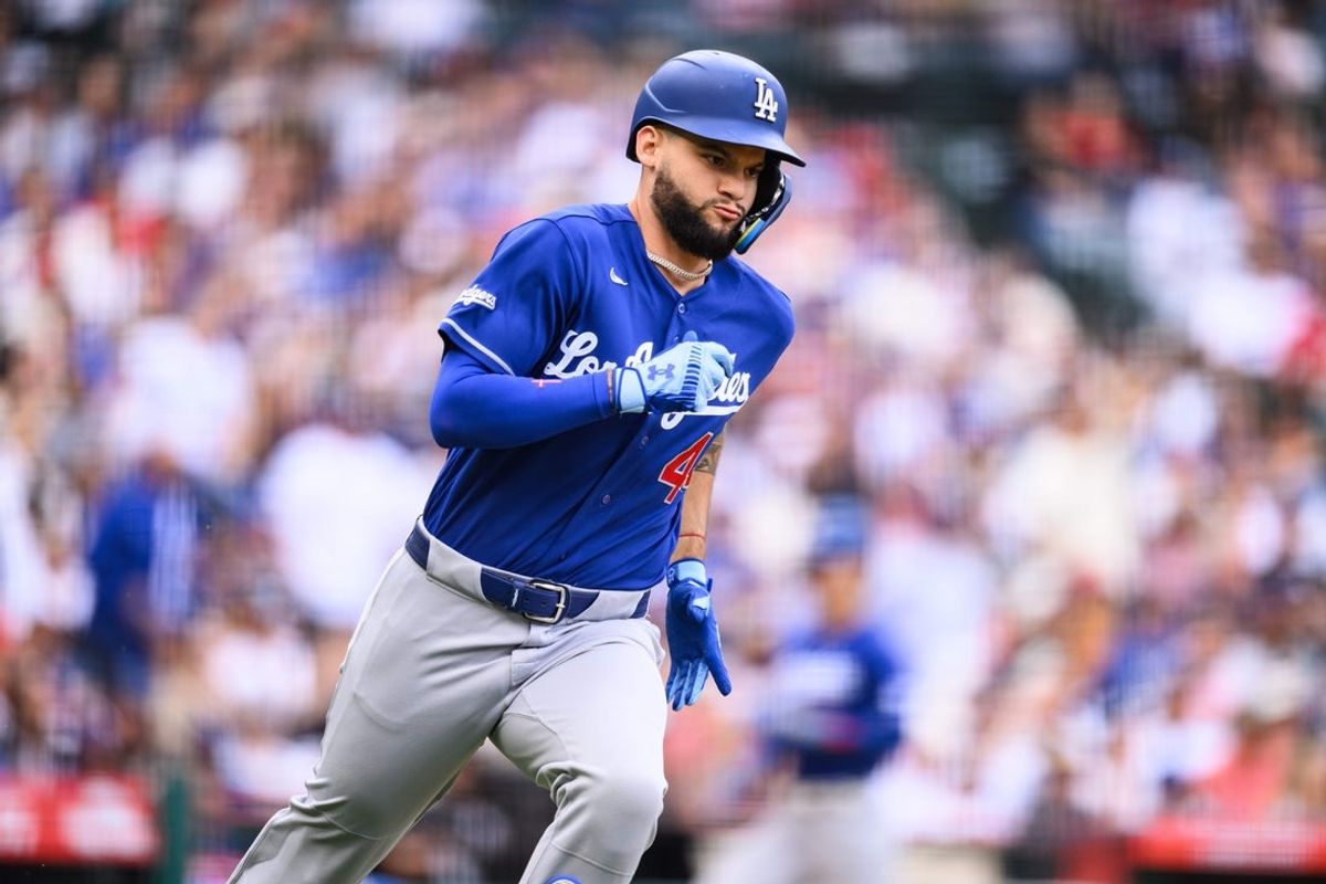 May 17, 2026; Anaheim, California, USA; Los Angeles Dodgers center fielder Andy Pages (44) runs after hitting an RBI single during the fourth inning against the Los Angeles Angels at Angel Stadium. Mandatory Credit: William Liang-Imagn Images