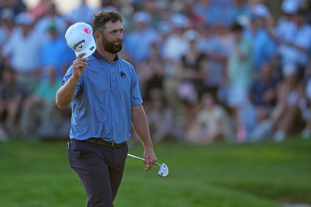 May 17, 2026; Newtown Square, Pennsylvania, USA; Jon Rahm reacts after the 18th hole during the final round of the PGA Championship golf tournament. Mandatory Credit: James Lang-Imagn Images