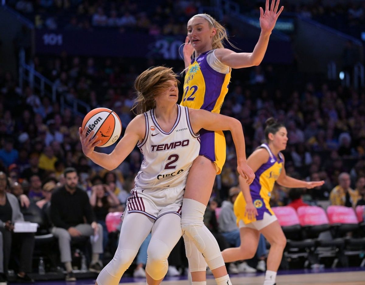 May 17, 2026; Los Angeles, California, USA;  Toronto Tempo forward Laura Juskaite (2) is defended by Los Angeles Sparks forward Cameron Brink (22) during the first half at Crypto.com Arena. Mandatory Credit: Jayne Kamin-Oncea-Imagn Images