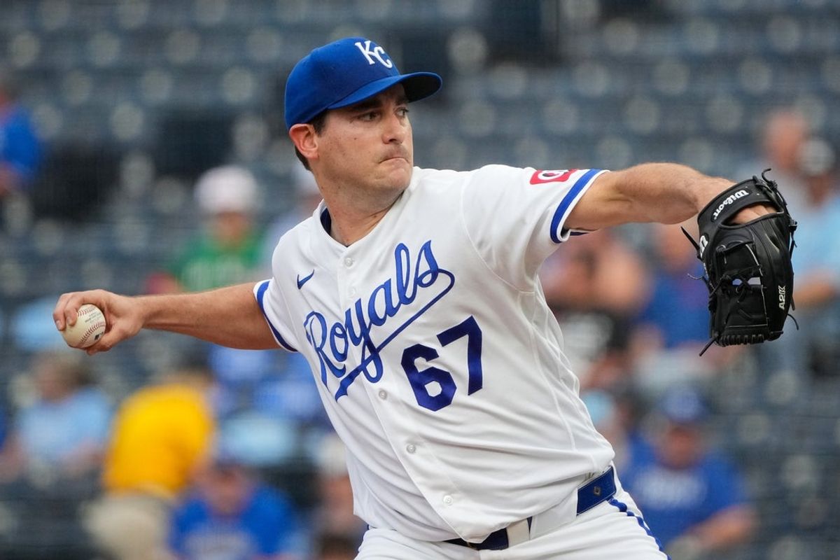 May 18, 2026; Kansas City, Missouri, USA; Kansas City Royals starting pitcher Seth Lugo (67) delivers a pitch against the Boston Red Sox during the first inning at Kauffman Stadium. Mandatory Credit: Denny Medley-Imagn Images