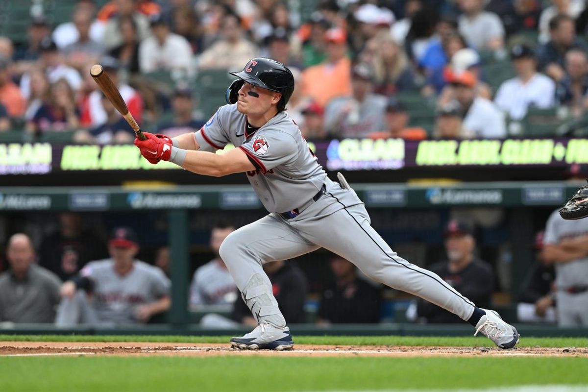 May 18, 2026; Detroit, Michigan, USA; Cleveland Guardians second baseman Travis Bazzana (37) hits a single against the Detroit Tigers in the second inning at Comerica Park. Mandatory Credit: Lon Horwedel-Imagn Images