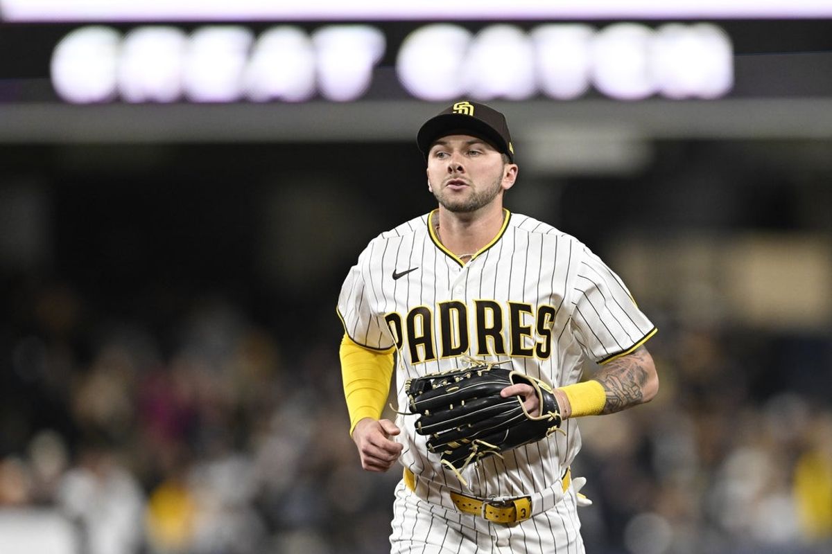 May 18, 2026; San Diego, California, USA; San Diego Padres center fielder Jackson Merrill (3) comes off the field after making a catch on a ball hit  by Los Angeles Dodgers third baseman Max Muncy (not pictured) during the seventh inning at Petco Park. Mandatory Credit: Denis Poroy-Imagn Images