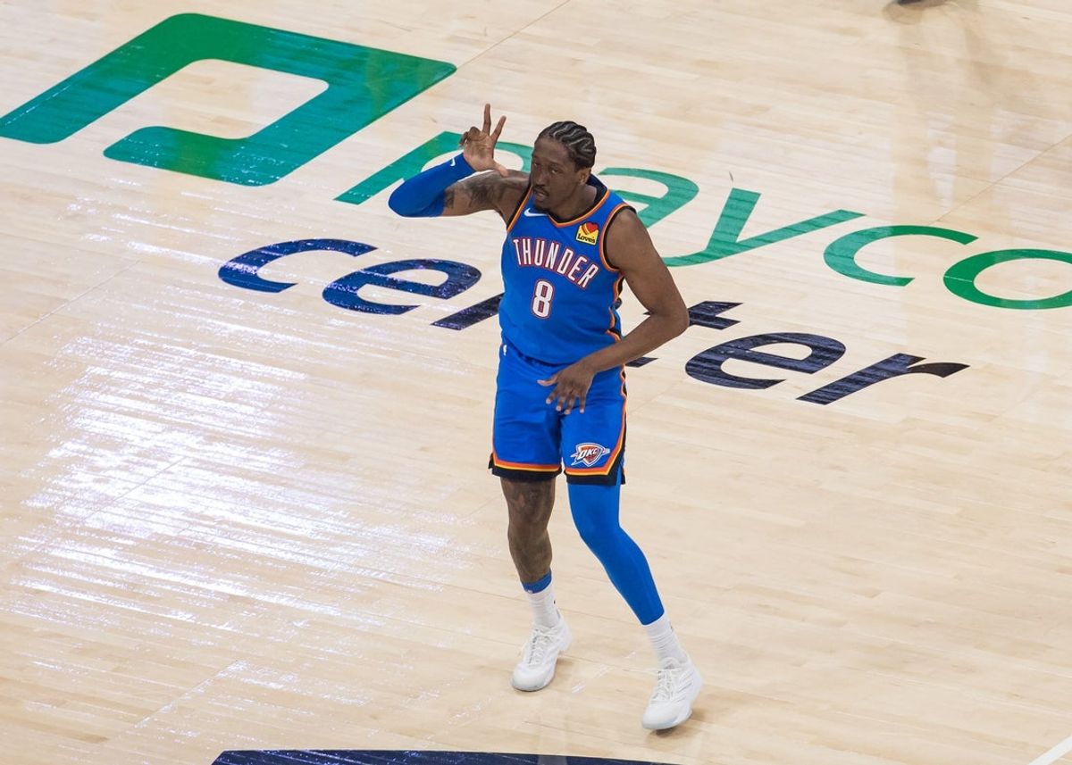 May 18, 2026; Oklahoma City, Oklahoma, USA; Oklahoma City Thunder forward Jalen Williams (8) reacts in double overtime against the San Antonio Spurs during game one of the western conference finals for the 2026 NBA playoffs at Paycom Center. Mandatory Credit: Brett Rojo-Imagn Images