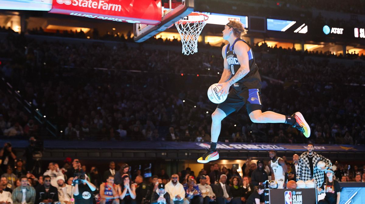 Mac McClung of the Osceola Magic participates in the 2024 AT&T Slam Dunk contest during the State Farm All-Star Saturday Night at Lucas Oil Stadium on Feb. 17, 2024, in Indianapolis.