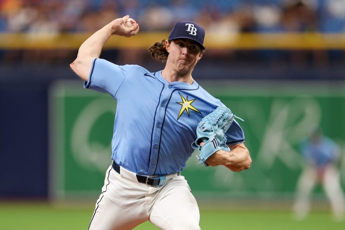 Apr 18, 2024; St. Petersburg, Florida, USA;  Tampa Bay Rays pitcher Ryan Pepiot (44) throws a pitch against the Los Angeles Angels in the second inning at Tropicana Field.