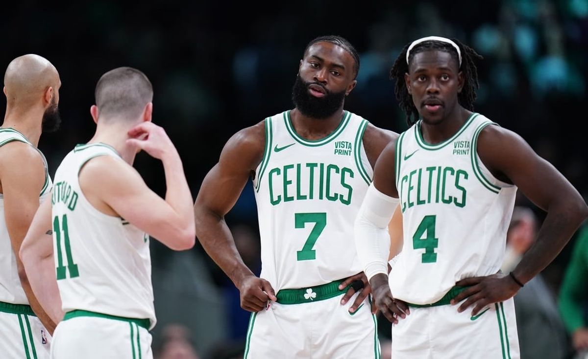 Feb 1, 2024; Boston, Massachusetts, USA; Boston Celtics guard Jrue Holiday (4), guard Jaylen Brown (7), guard Payton Pritchard (11) and guard Derrick White (9) on the court against the Los Angeles Lakers in the second half at TD Garden.