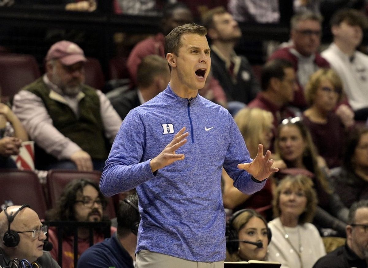 Feb 17, 2024; Tallahassee, Florida, USA; Duke Blue Devils head coach Jon Scheyer during the first half against the Florida State Seminoles at Donald L. Tucker Center.