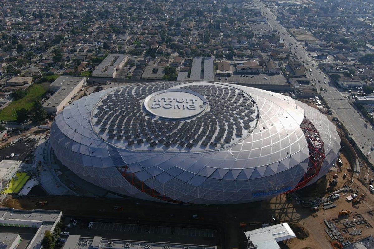 Jan 16, 2024; Inglewood, California, USA; The Intuit Dome is seen from an aerial view while under construction. The arena will the future home of the LA Clippers and site of the 2026 NBA All-Star Game.