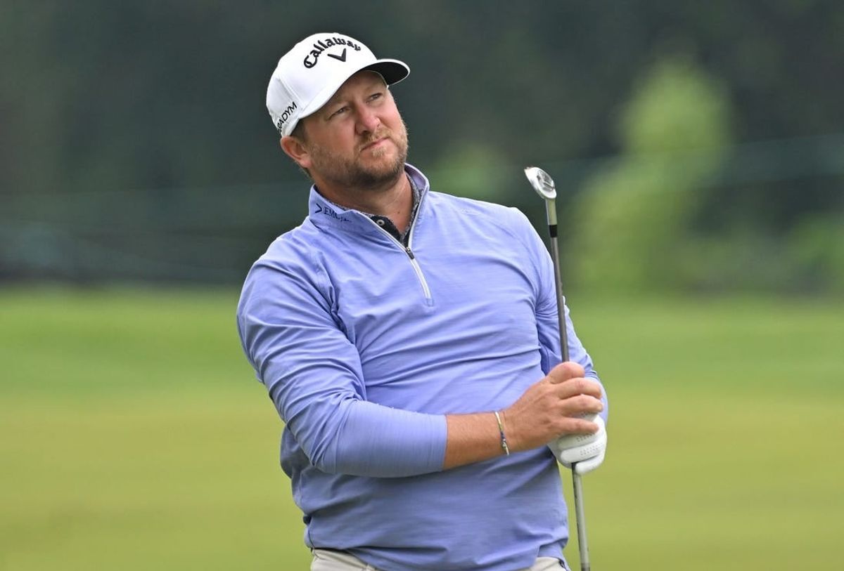 Jun 8, 2023; Toronto, ON, CAN;   Brice Garnett watches a shot from the fairway on the seventh hole during the first round of the RBC Canadian Open golf tournament.
