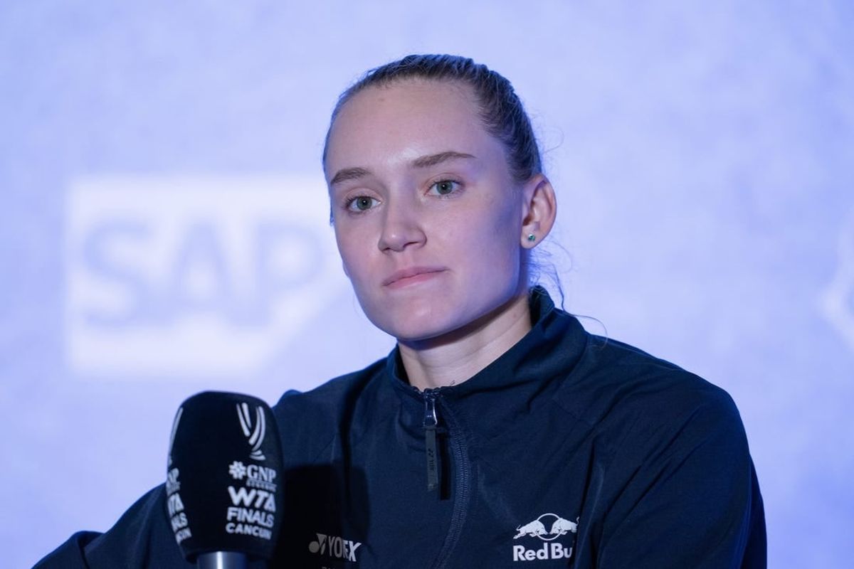 Nov 3, 2023; Cancun, Mexico;  Elena Rybakina (KAZ) in her press conference after her match against Aryna Sabalenka on day six of the GNP Saguaros WTA Finals Cancun.