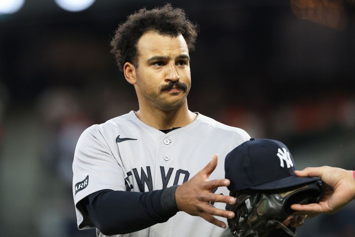 May 12, 2026; Baltimore, Maryland, USA; New York Yankees center fielder Trent Grisham (12) looks on during the sixth inning against the Baltimore Orioles at Oriole Park at Camden Yards. Mandatory Credit: Daniel Kucin Jr.-Imagn Images