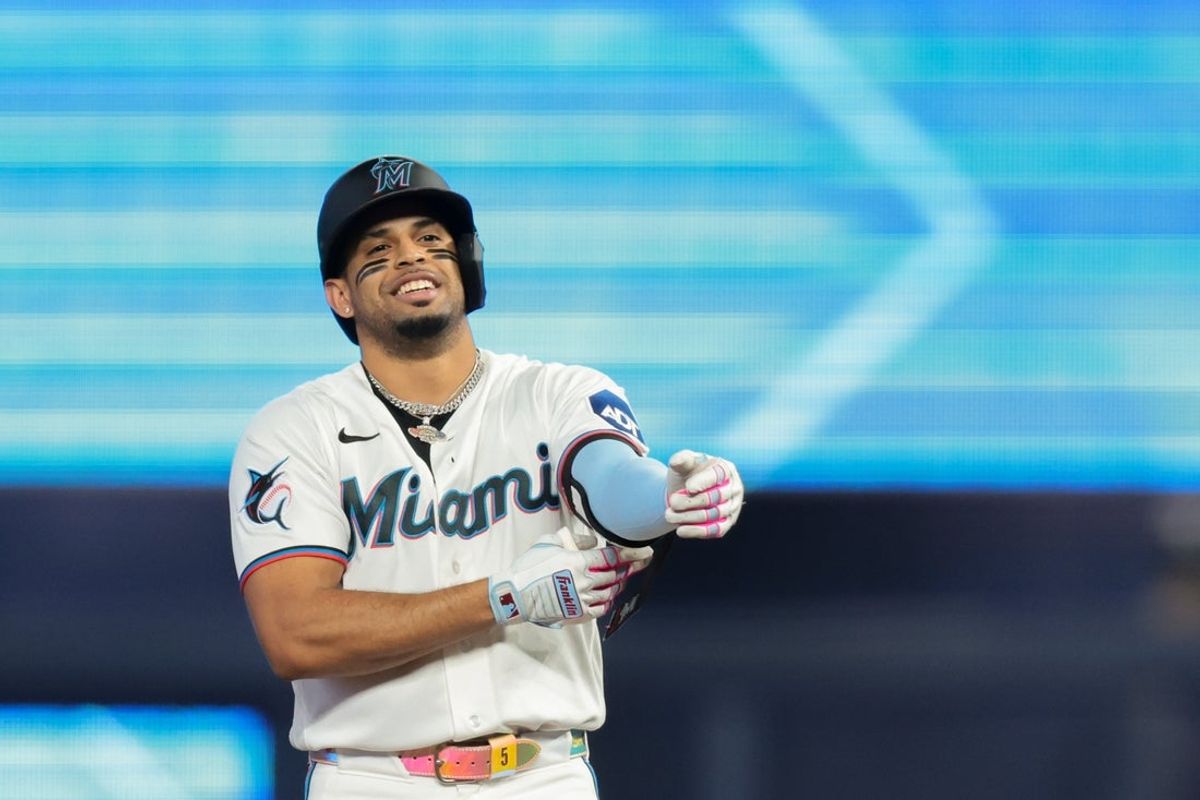 May 19, 2026; Miami, Florida, USA; Miami Marlins first baseman Christopher Morel (5) reacts from second base after hitting a double against the Atlanta Braves during the third inning at loanDepot Park. Mandatory Credit: Sam Navarro-Imagn Images