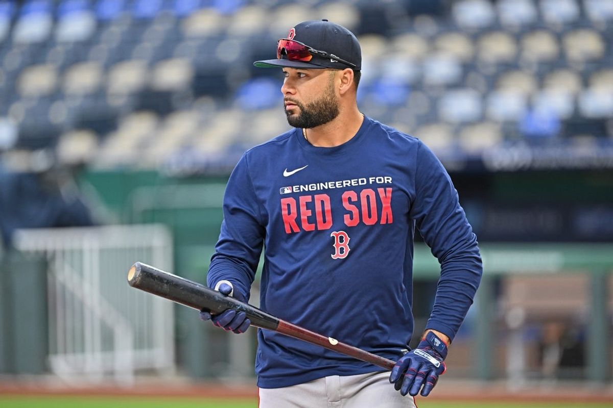 May 19, 2026; Kansas City, Missouri, USA;  Boston Red Sox shortstop Isiah Kiner-Falefa (2) looks on during batting practice before a game against the Kansas City Royals at Kauffman Stadium. Mandatory Credit: Peter Aiken-Imagn Images