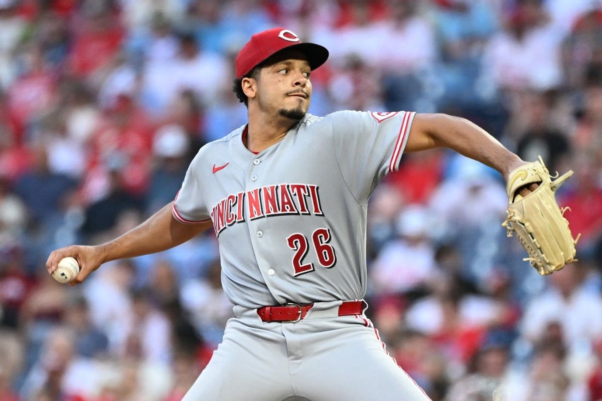 May 19, 2026; Philadelphia, Pennsylvania, USA; Cincinnati Reds pitcher Chase Burns (26) throws a pitch during the second inning against the Philadelphia Phillies at Citizens Bank Park. Mandatory Credit: Eric Hartline-Imagn Images