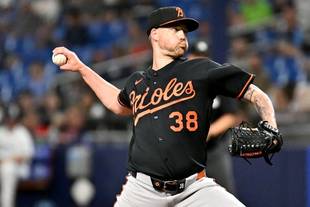 May 19, 2026; St. Petersburg, Florida, USA; Baltimore Orioles starting pitcher Kyle Bradish (38) throws a pitch in the first inning against the Tampa Bay Rays at Tropicana Field. Mandatory Credit: Jonathan Dyer-Imagn Images