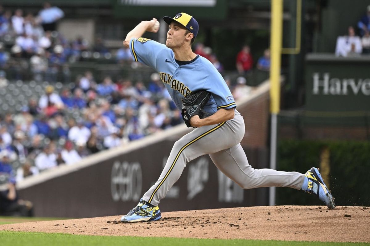 May 19, 2026; Chicago, Illinois, USA;  Milwaukee Brewers pitcher Jacob Misiorowski (32) delivers the ball against the Chicago Cubs during the first inning at Wrigley Field. Mandatory Credit: Matt Marton-Imagn Images