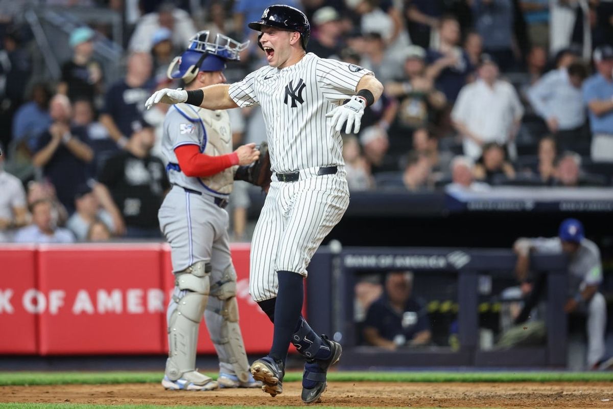 May 19, 2026; Bronx, New York, USA;  New York Yankees first baseman Ben Rice (22) celebrates after hitting a two run home run in the fifth inning against the Toronto Blue Jays at Yankee Stadium. Mandatory Credit: Wendell Cruz-Imagn Images