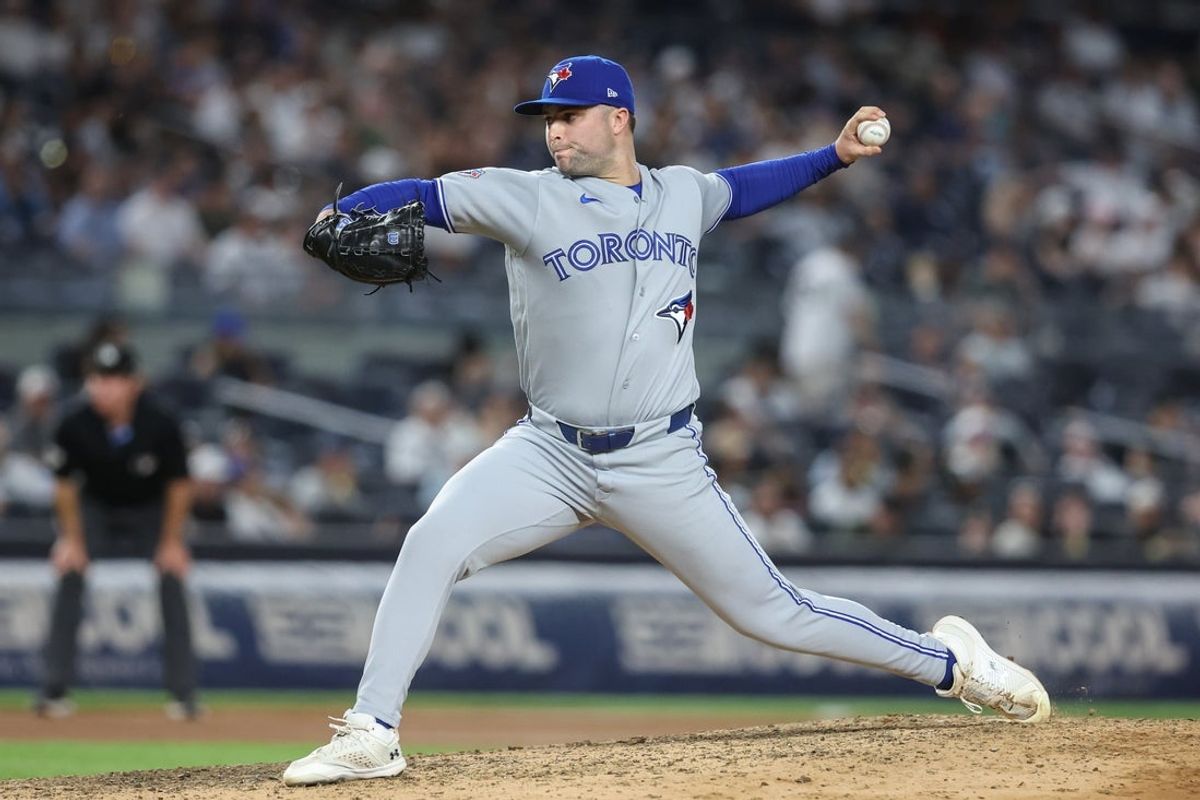 May 19, 2026; Bronx, New York, USA;  Toronto Blue Jays relief pitcher Mason Fluharty (68) pitches in the seventh inning against the New York Yankees at Yankee Stadium. Mandatory Credit: Wendell Cruz-Imagn Images