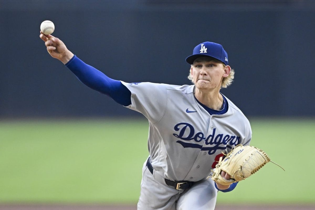 May 19, 2026; San Diego, California, USA; Los Angeles Dodgers pitcher Emmet Sheehan (80) delivers during the first inning against the San Diego Padres at Petco Park. Mandatory Credit: Denis Poroy-Imagn Images