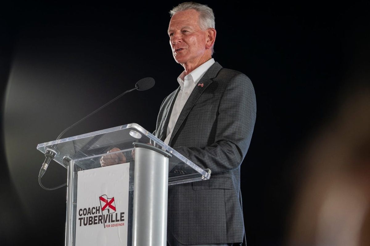 Alabama Gubernatorial candidate and U.S. Sen. Tommy Tuberville speaks during a primary election night event at Vulcan Park in Birmingham, Ala. on Tuesday, May 19, 2026.
