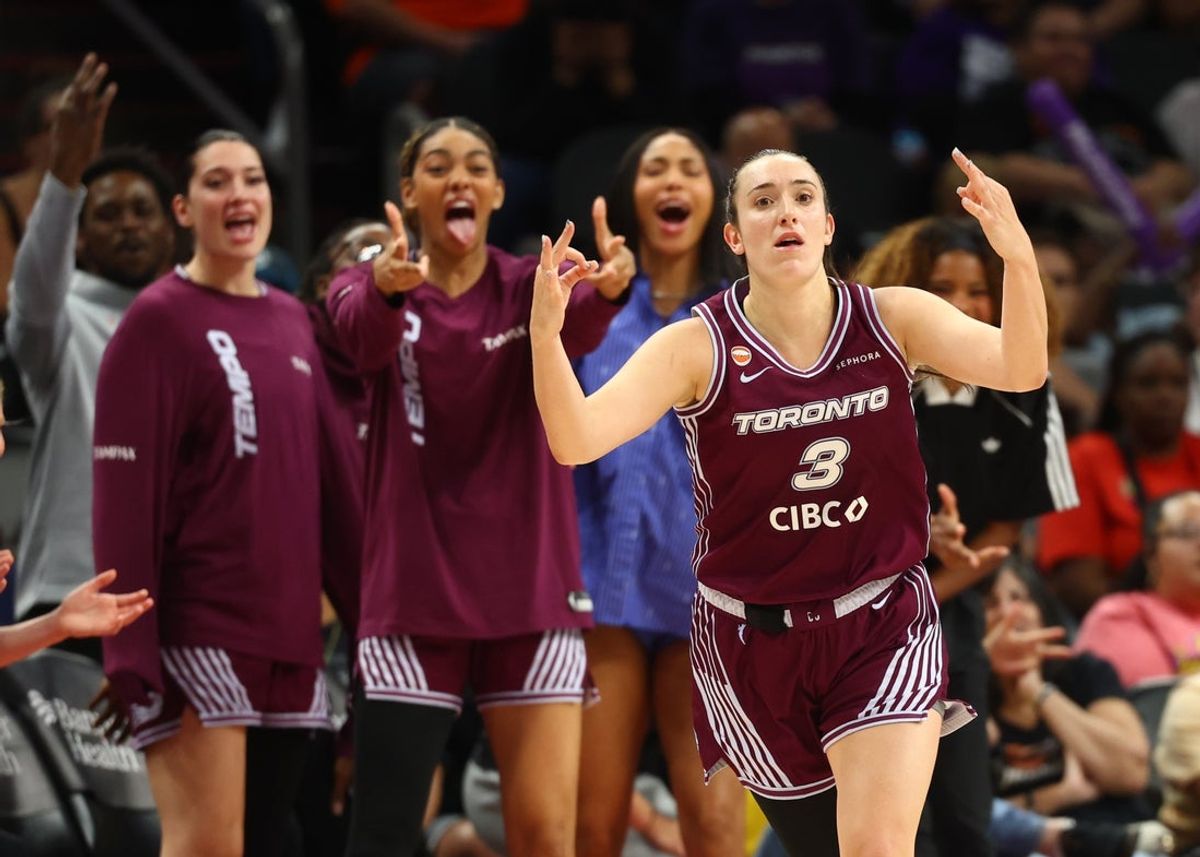 May 19, 2026; Phoenix, Arizona, USA; Toronto Tempo guard Marina Mabrey (3) celebrates a three point shot against the Phoenix Mercury in the second half at Mortgage Matchup Center. Mandatory Credit: Mark J. Rebilas-Imagn Images