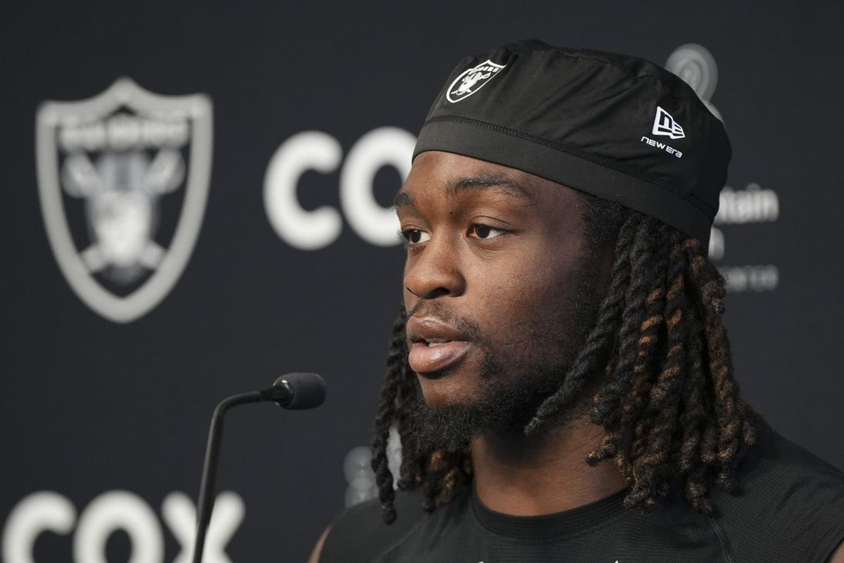 May 20, 2026; Henderson, NV, USA; Las Vegas Raiders running back Ashton Jeanty (2) speaks during a news conference during organized team activities at Intermountain Health Performance Center. Mandatory Credit: Candice Ward-Imagn Images