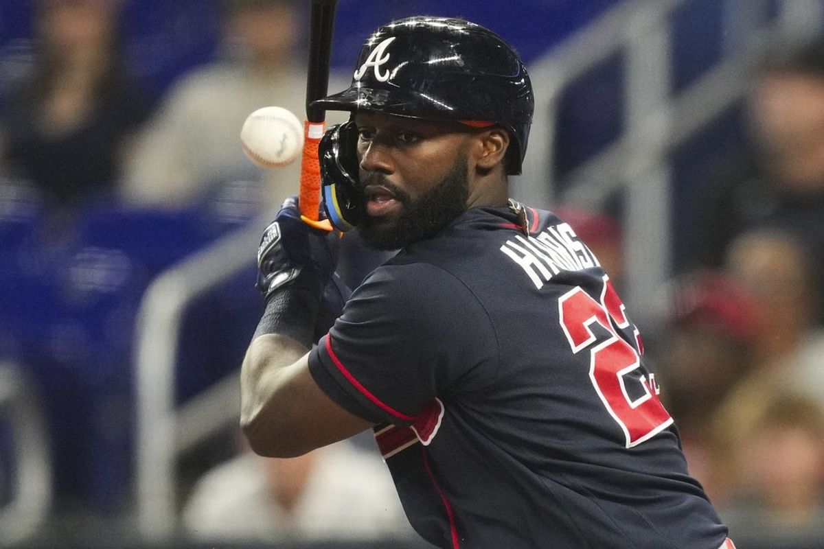 May 20, 2026; Miami, Florida, USA;  Atlanta Braves center fielder Michael Harris II (23) grounds out to the catcher in the first inning against the Miami Marlins at loanDepot Park. Mandatory Credit: Jim Rassol-Imagn Images