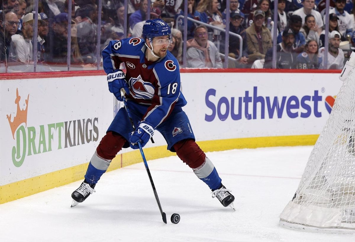 May 20, 2026; Denver, Colorado, USA; Colorado Avalanche center Jack Drury (18) skates during the second period against the Vegas Golden Knights in game one of the Western Conference Final of the 2026 Stanley Cup Playoffs at Ball Arena. Mandatory Credit: Isaiah J. Downing-Imagn Images