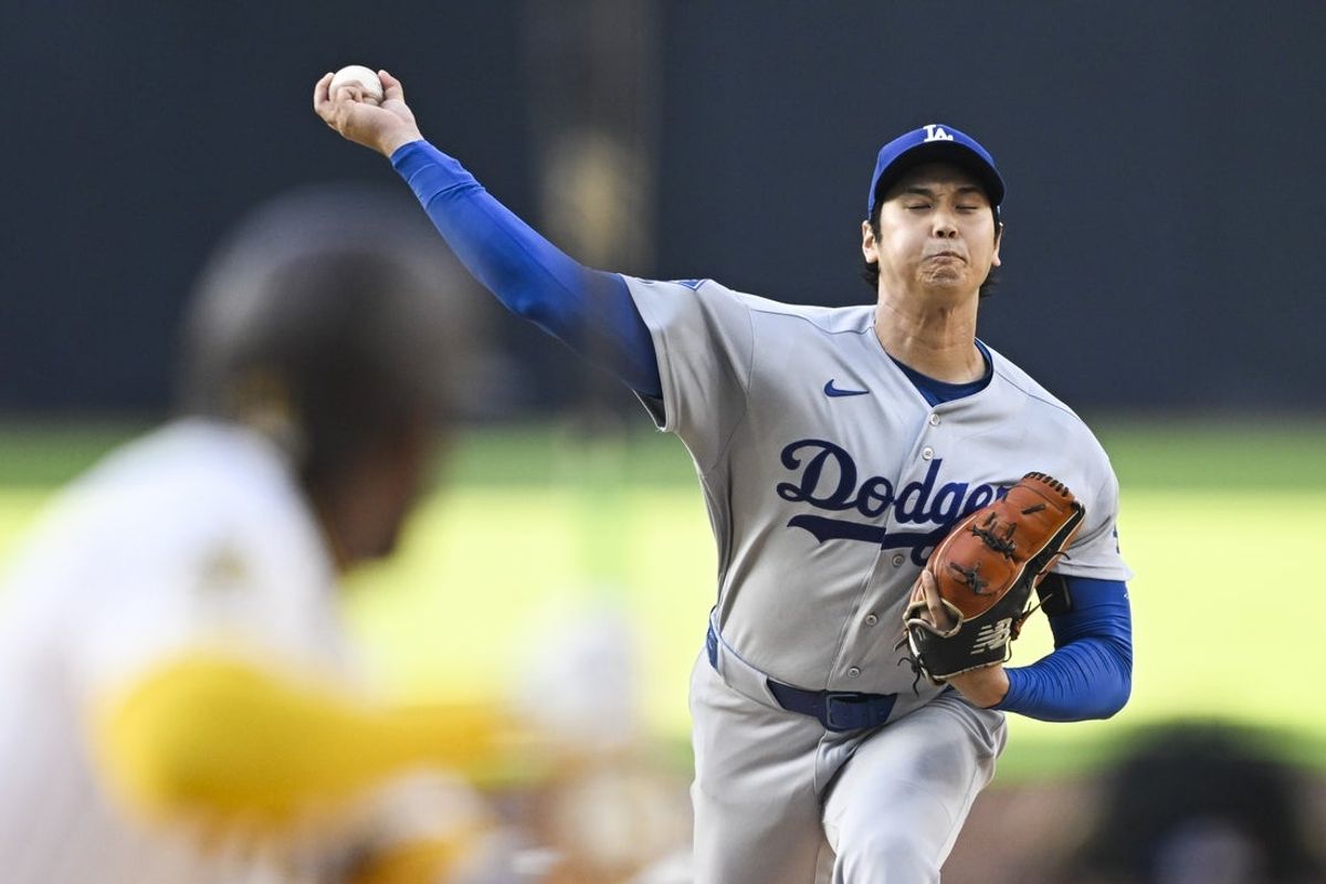 May 20, 2026; San Diego, California, USA; Los Angeles Dodgers pitcher Shohei Ohtani (17) delivers during the first inning against the San Diego Padres at Petco Park. Mandatory Credit: Denis Poroy-Imagn Images