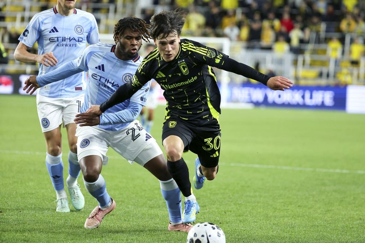 May 20, 2026; Columbus, OH, USA; Columbus Crew midfielder Hugo Picard (30) fights for the ball with New York City Football Club defender Tayvon Gray (24) during the second half at ScottsMiracle-Gro Field. Mandatory Credit: Joseph Maiorana-Imagn Images