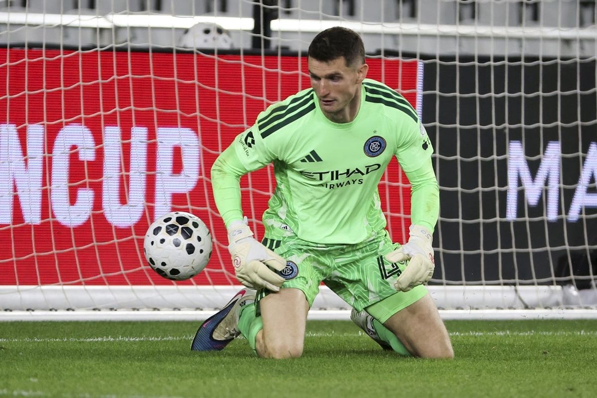 May 20, 2026; Columbus, OH, USA; New York City Football Club goalkeeper Matt Freese (49) saves the ball during the second half against the Columbus Crew at ScottsMiracle-Gro Field. Mandatory Credit: Joseph Maiorana-Imagn Images