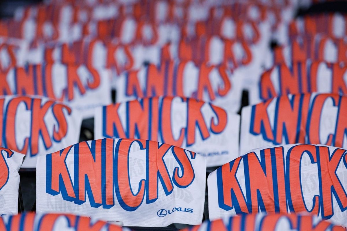Knicks playoff towels on seats before Game 2 of the Eastern Conference Finals on May 21, 2026 at Madison Square Garden.