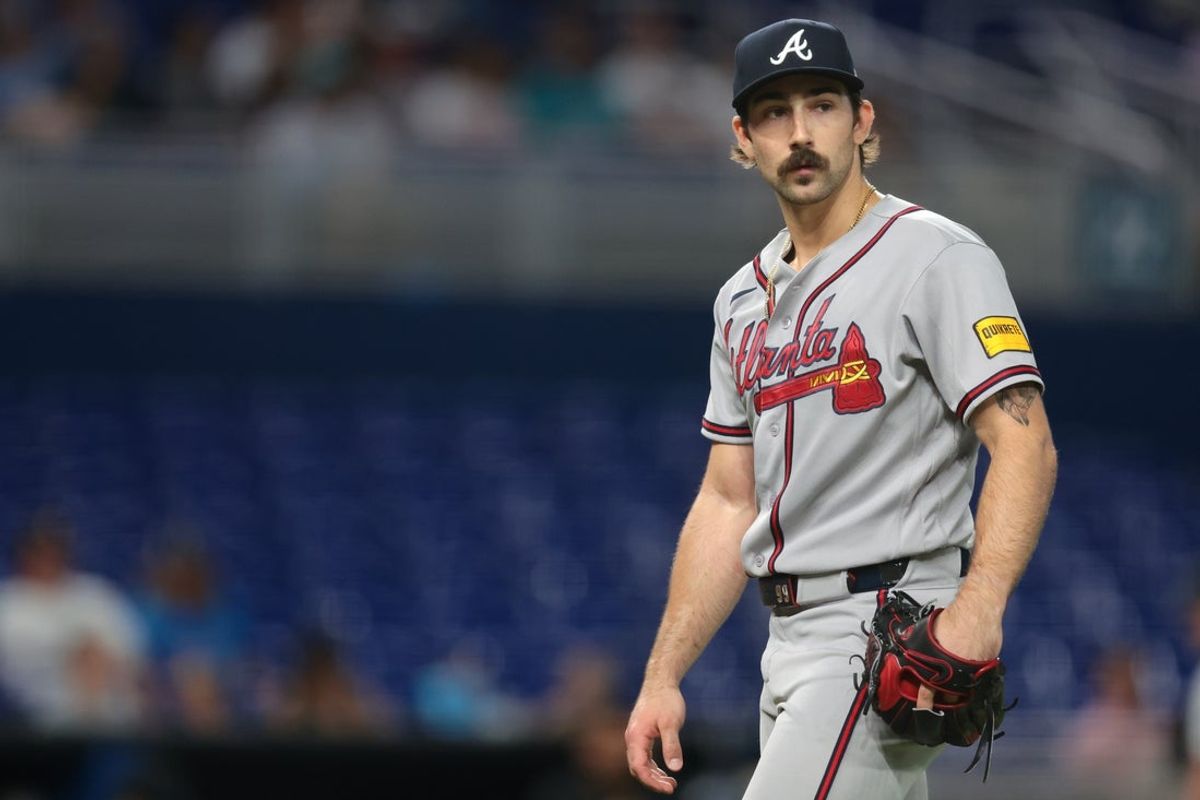 May 21, 2026; Miami, Florida, USA; Atlanta Braves starting pitcher Spencer Strider (99) returns to the dugout against the Miami Marlins after the third inning at loanDepot Park. Mandatory Credit: Sam Navarro-Imagn Images