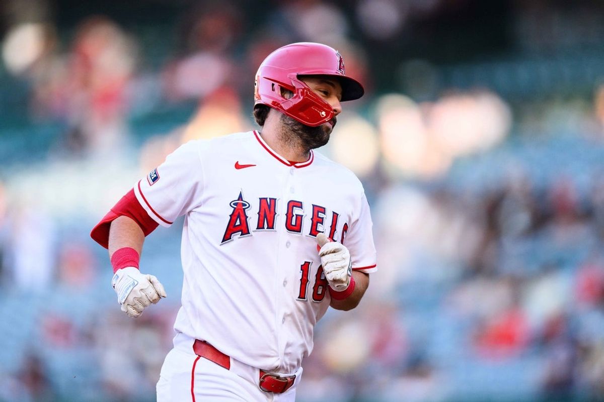 May 21, 2026; Anaheim, California, USA; Los Angeles Angels first baseman Nolan Schanuel (18) runs after hitting a two-run home run during the first inning against the Athletics at Angel Stadium. Mandatory Credit: William Liang-Imagn Images