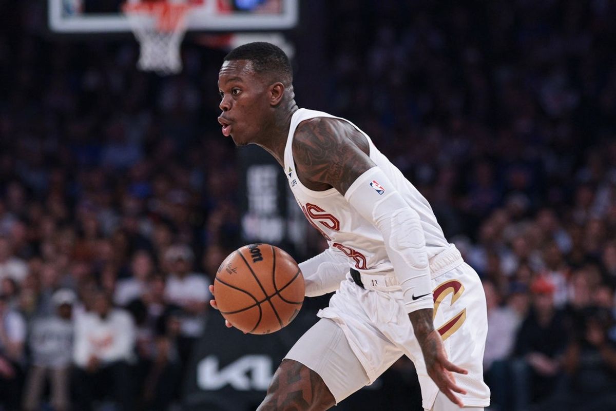 May 21, 2026; New York, New York, USA; Cleveland Cavaliers guard Dennis Schroder (8) dribbles against the New York Knicks during the second quarter of the eastern conference finals of the 2026 NBA playoffs at Madison Square Garden. Mandatory Credit: Vincent Carchietta-Imagn Images