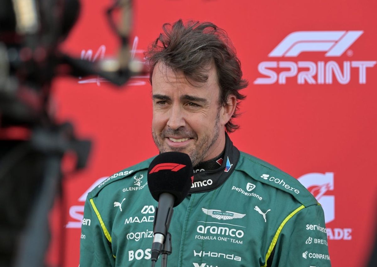 May 22, 2026; Montreal, Quebec, CANADA; Aston Martin driver Fernando Alonso (14) gives a quick interview during Lenovo Grand Prix Du Canada sprint qualifying session at Circuit Gilles-Villeneuve. Mandatory Credit: Eric Bolte-Imagn Images