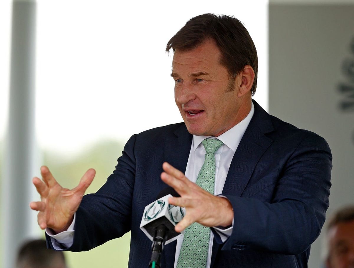 Sir Nick Faldo talks about the first time he played golf with Jack Nicklaus during his Memorial Honoree Ceremony at the driving range at Muirfield Village Golf Club before the 2015 Memorial Tournament on June 3, 2015. (Dispatch photo by Kyle Robertson)