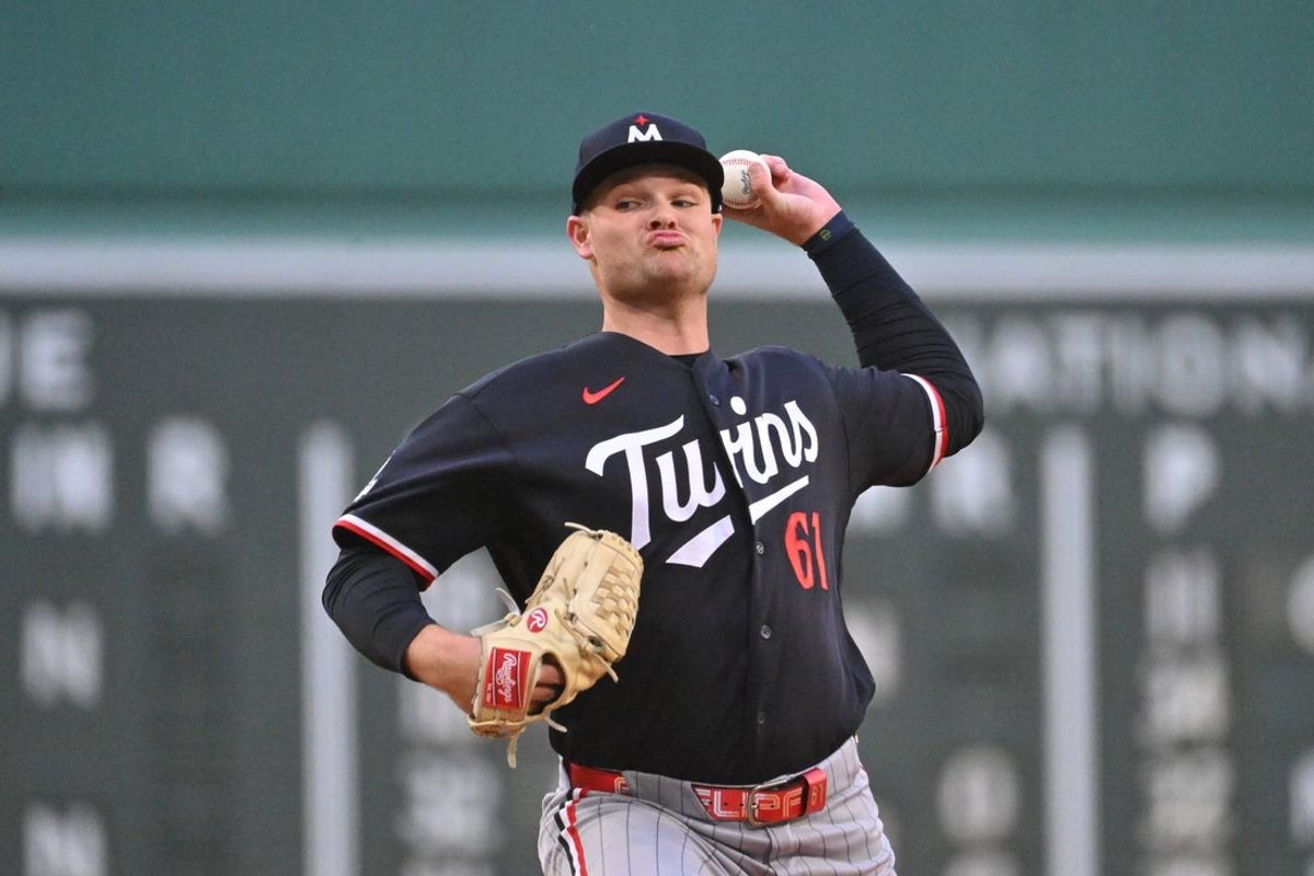May 22, 2026; Boston, Massachusetts, USA; Minnesota Twins starting pitcher Connor Prielipp (61) pitches against the Boston Red Sox during the first inning at Fenway Park. Mandatory Credit: Eric Canha-Imagn Images