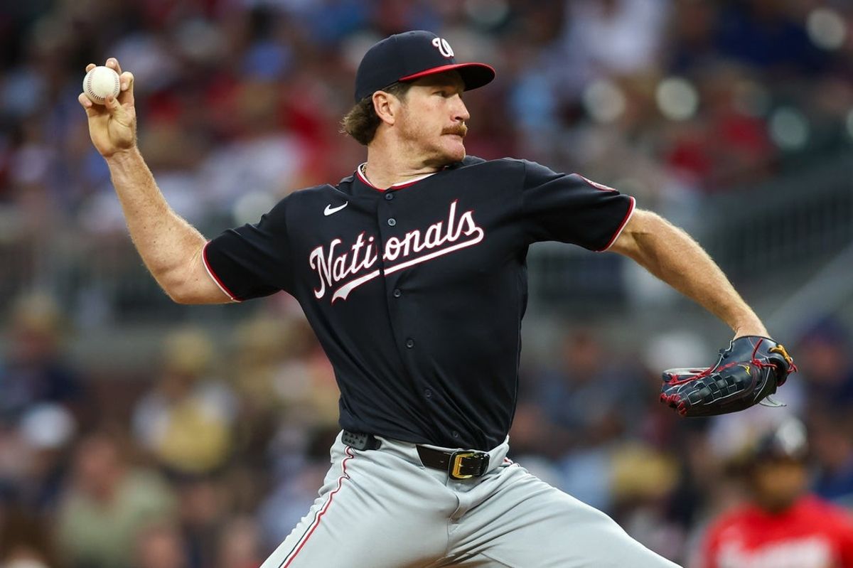 May 22, 2026; Atlanta, Georgia, USA; Washington Nationals pitcher Miles Mikolas (36) throws against the Atlanta Braves in the fifth inning at Truist Park. Mandatory Credit: Brett Davis-Imagn Images