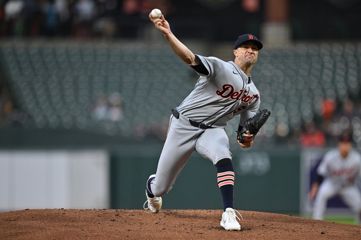 May 22, 2026; Baltimore, Maryland, USA;  Detroit Tigers pitcher Jack Flaherty (9) pitches in the first inning against the Baltimore Orioles at Oriole Park at Camden Yards. Mandatory Credit: Jamie Sabau-Imagn Images