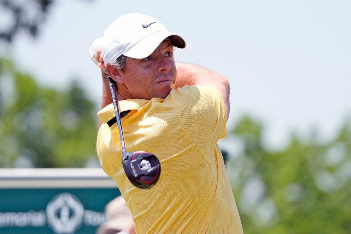 June 4, 2023; Dublin, Ohio, USA; Rory McIlroy takes the course donning a yellow polo during the final round of the Memorial Tournament at Muirfield Village Golf Club.