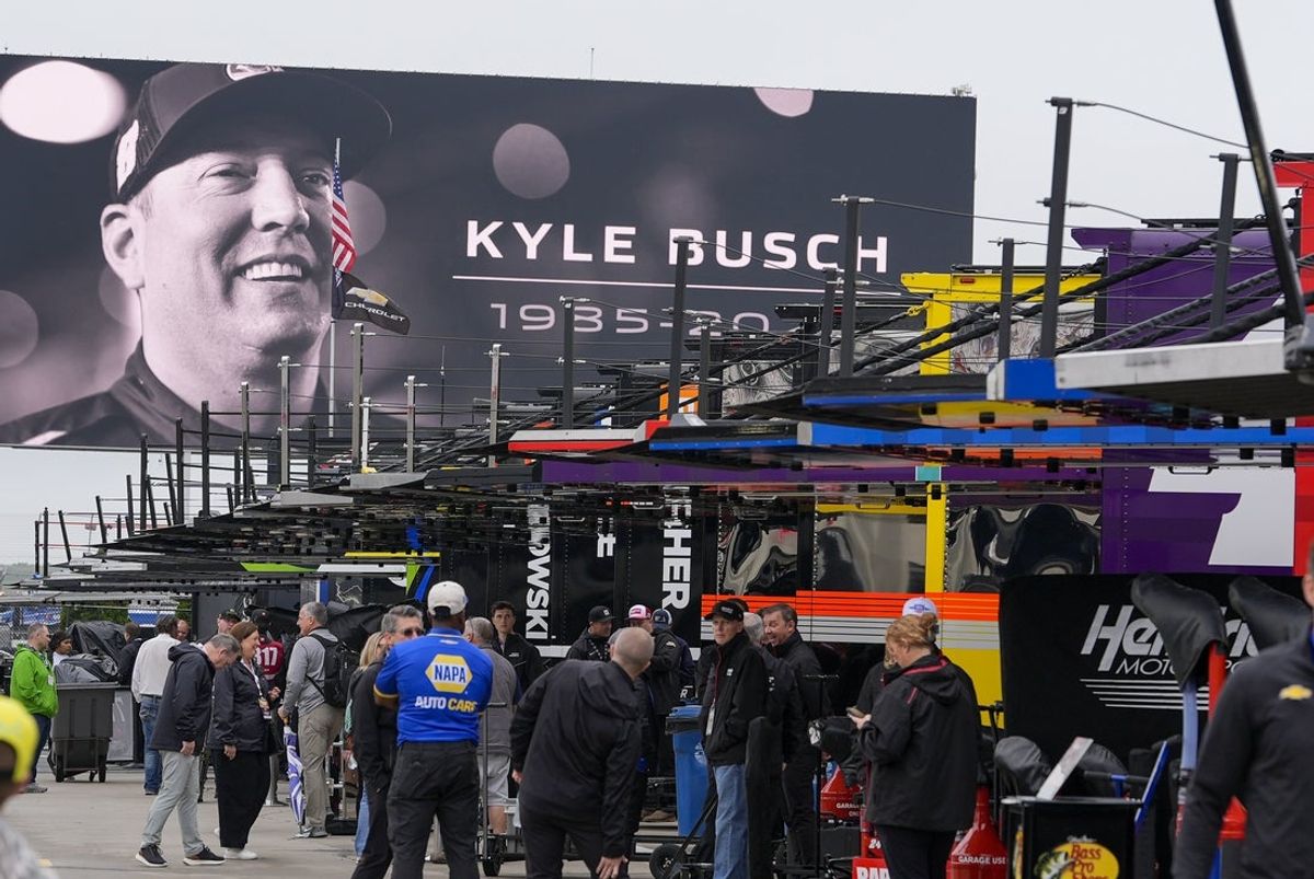 May 23, 2026; Concord, North Carolina, USA; Charlotte Motor Speedways’ main video board pay homage to deceased driver Kyle Busch before qualifying at Charlotte Motor Speedway. Mandatory Credit: Jim Dedmon-Imagn Images