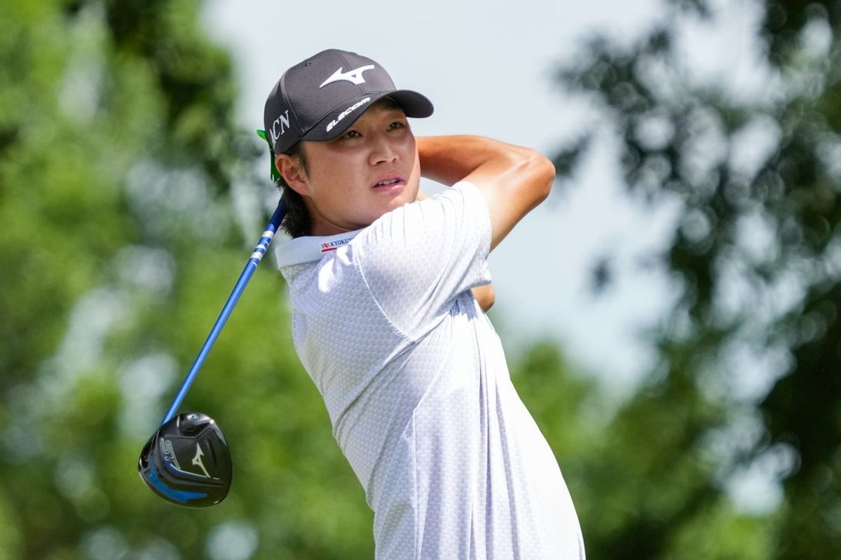 May 23, 2026; McKinney, Texas, USA; Kensei Hirata plays his shot from the second tee during the third round of THE CJ CUP Byron Nelson golf tournament. Mandatory Credit: Raymond Carlin III-Imagn Images
