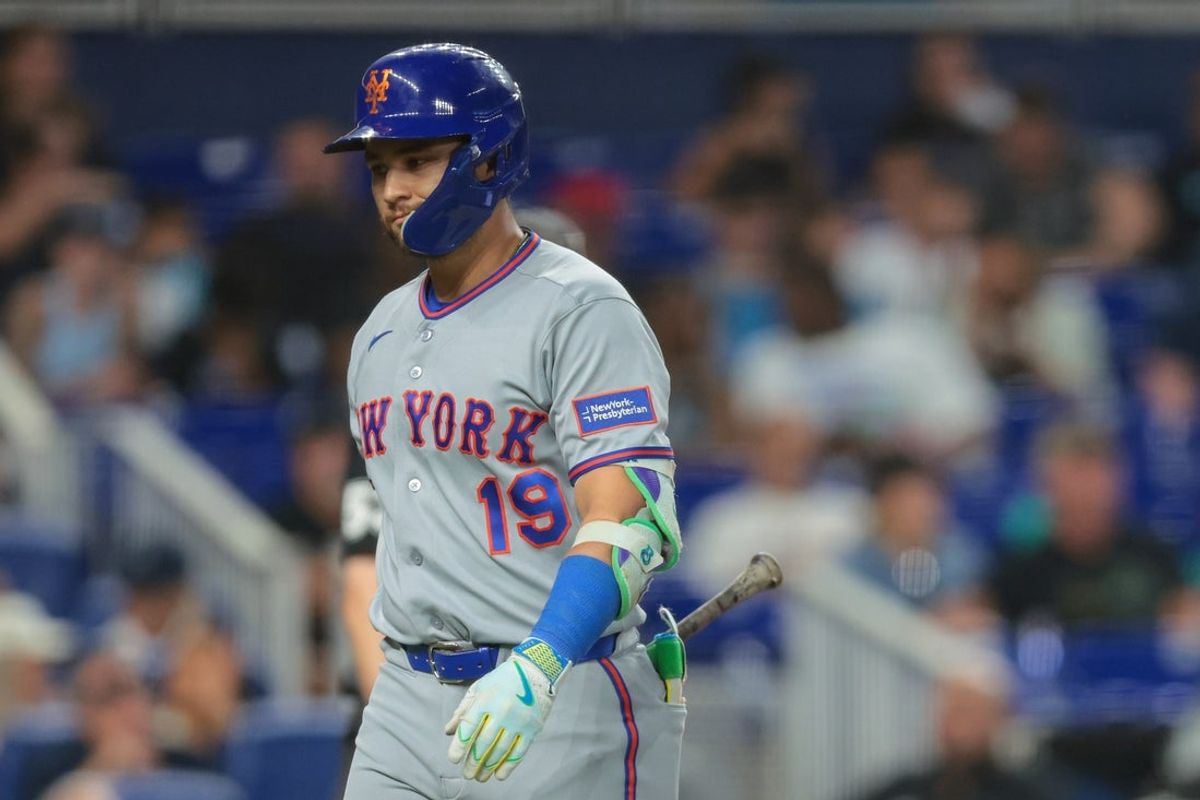 May 23, 2026; Miami, Florida, USA; New York Mets shortstop Bo Bichette (19) reacts after his at bat against the Miami Marlins during the sixth inning at loanDepot Park. Mandatory Credit: Sam Navarro-Imagn Images