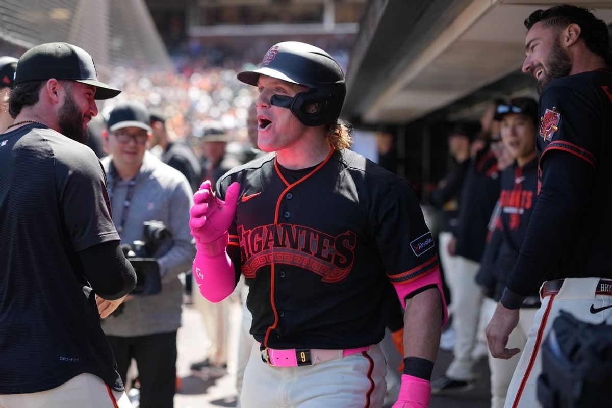 May 23, 2026; San Francisco, California, USA; San Francisco Giants center fielder Harrison Bader (9) celebrates after hitting a grand slam home run against the Chicago White Sox during the fifth inning at Oracle Park. Mandatory Credit: Darren Yamashita-Imagn Images