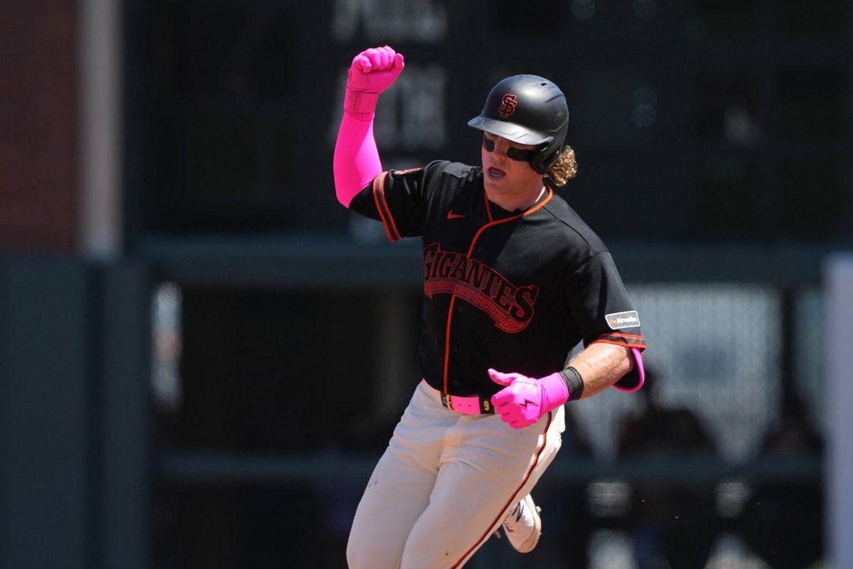 May 23, 2026; San Francisco, California, USA; San Francisco Giants center fielder Harrison Bader (9) rounds the bases after hitting a grand slam home run against the Chicago White Sox during the fifth inning at Oracle Park. Mandatory Credit: Darren Yamashita-Imagn Images