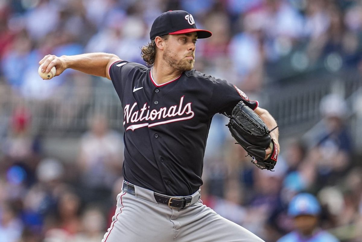 May 23, 2026; Cumberland, Georgia, USA; Washington Nationals pitcher Jake Irvin (27) pitches against the Atlanta Braves during the fifth inning at Truist Park. Mandatory Credit: Dale Zanine-Imagn Images