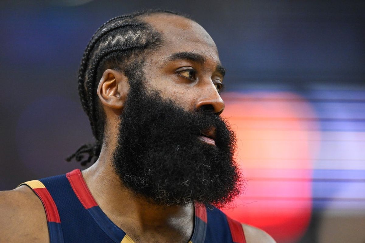 May 23, 2026; Cleveland, Ohio, USA; Cleveland Cavaliers guard James Harden (1) looks on in the third quarter against the New York Knicks  during game three of the eastern conference finals for the 2026 NBA playoffs at Rocket Arena. Mandatory Credit: David Richard-Imagn Images