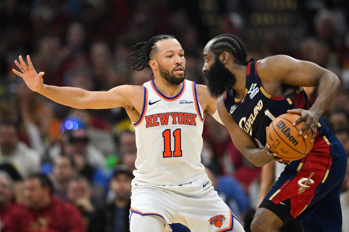 May 23, 2026; Cleveland, Ohio, USA; New York Knicks guard Jalen Brunson (11) defends Cleveland Cavaliers guard James Harden (1) in the third quarter during game three of the eastern conference finals for the 2026 NBA playoffs at Rocket Arena. Mandatory Credit: David Richard-Imagn Images