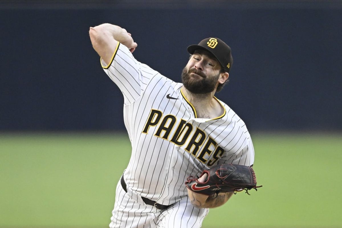 May 23, 2026; San Diego, California, USA; San Diego Padres pitcher Lucas Giolito (55) delivers during the first inning against the Athletics at Petco Park. Mandatory Credit: Denis Poroy-Imagn Images